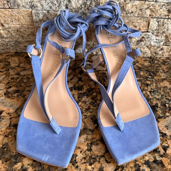 Stuart Weitzman Lalita 75 Womens Ankle Tie Heel Thong Sandal  Blue Suede - Picture 8 of 9